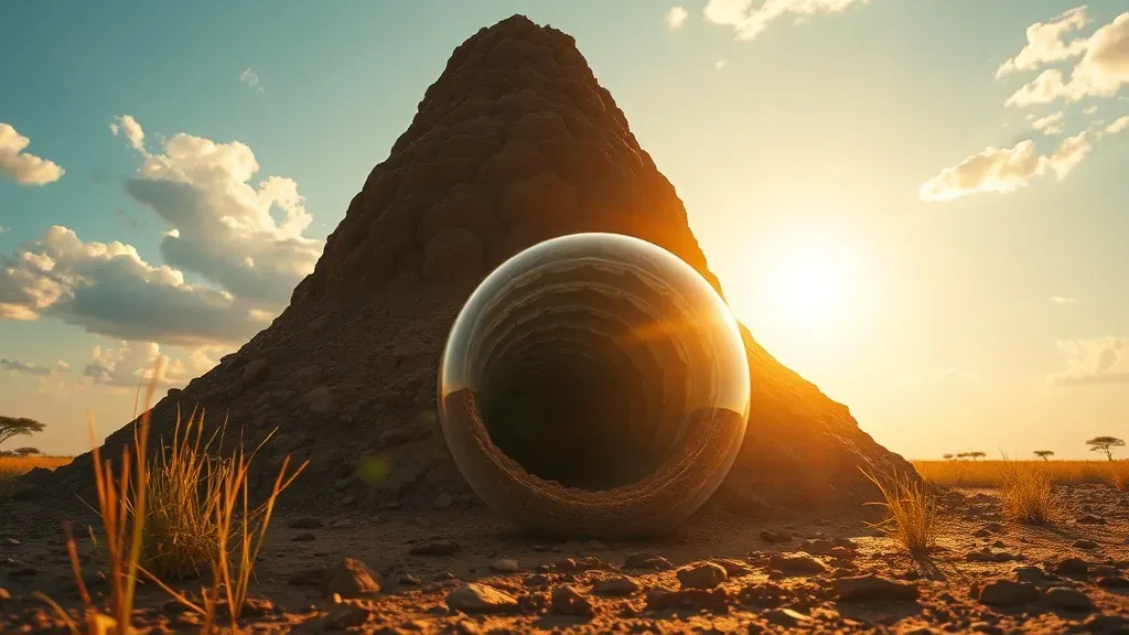 Una imponente termitera de barro en la sabana africana al atardecer, destacando sus texturas terrosas y su diseño arquitectónico complejo.