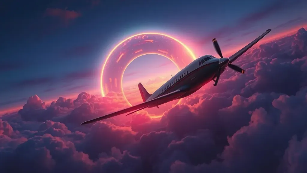 Un avión antiguo volando a través de un portal brillante entre las nubes en un cielo oscuro y misterioso, representando el concepto de los aviones fantasma.