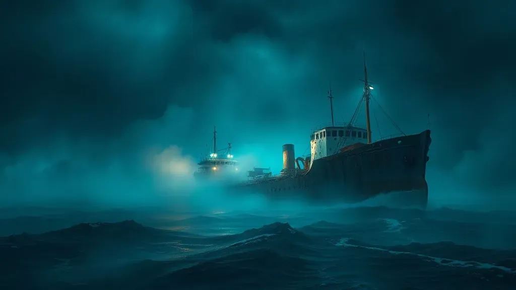 Un barco de carga oxidado y abandonado navegando a la deriva en un océano oscuro y con niebla, transmitiendo una atmósfera de misterio y soledad.