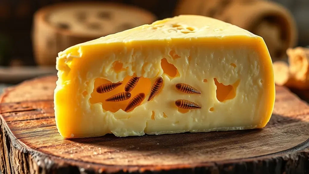 Primer plano de un queso sardo artesanal con larvas vivas sobre una tabla de madera rústica, estilo fotografía gastronómica profesional.