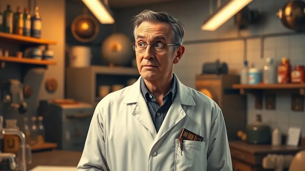 Un científico en un laboratorio antiguo de los años 40 sorprendido al ver su chocolate derretido, estilo cinematográfico.