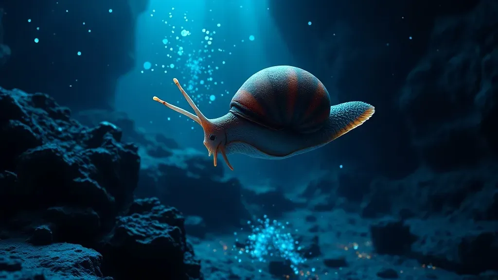 Un pez caracol nadando en las profundidades de la fosa oceánica, rodeado de oscuridad y partículas bioluminiscentes.