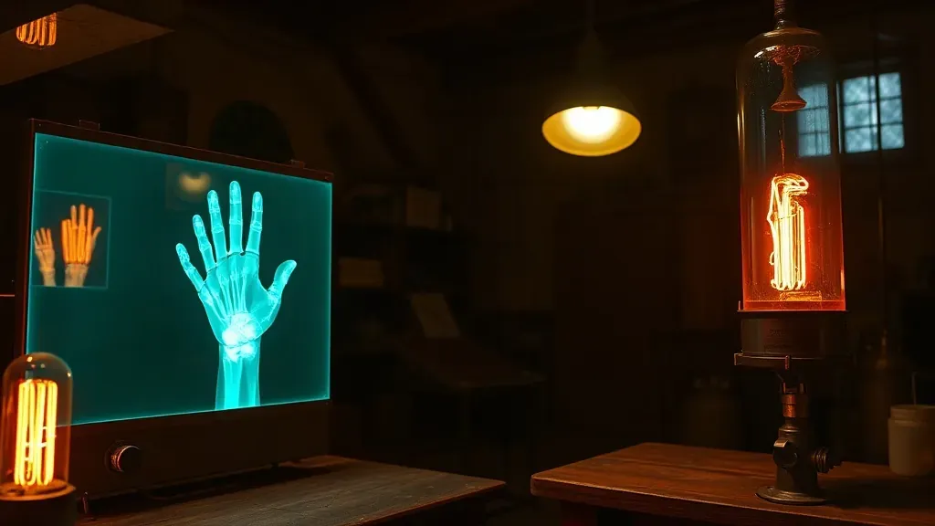 Imagen artística de un laboratorio de física antiguo en 1895 con un tubo de rayos catódicos brillando y la proyección de una mano humana en una pantalla.