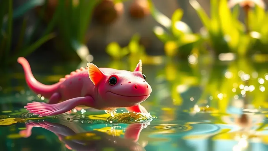 Un ajolote rosa nadando en aguas claras, con un aspecto tierno y sonriente, iluminado por rayos de sol, rodeado de vegetación acuática.