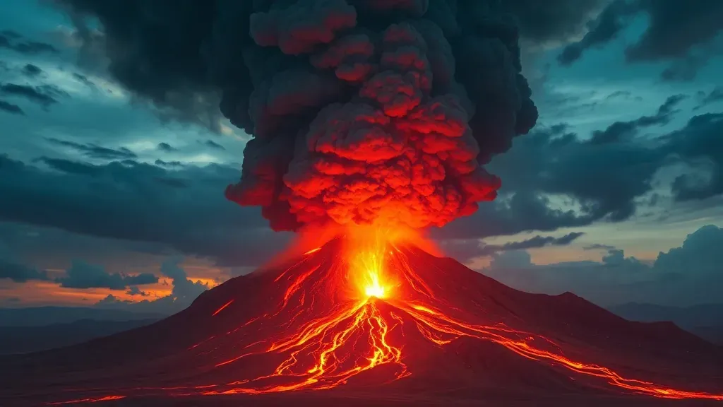 Una representación artística impactante de una erupción volcánica masiva durante la noche con nubes de ceniza cubriendo el cielo y rayos.