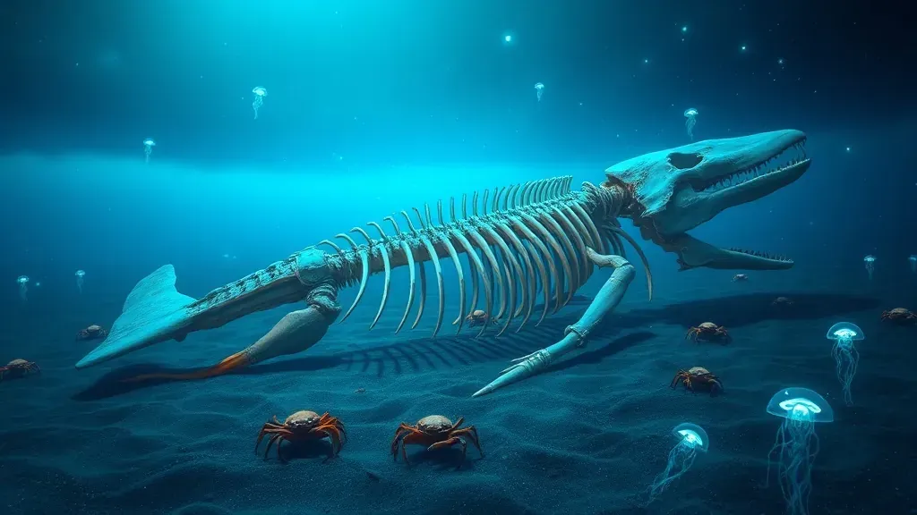 Esqueleto de ballena en el fondo del océano profundo siendo habitado por diversas criaturas marinas bioluminiscentes en la oscuridad.
