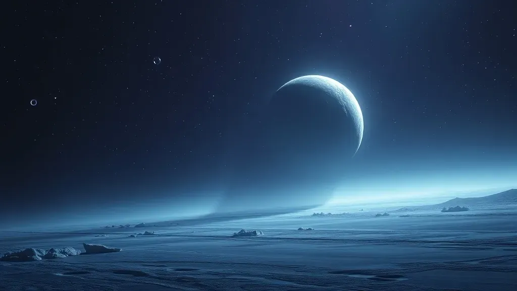 Representación artística de un planeta errante congelado vagando en el espacio profundo, rodeado de estrellas distantes y nebulosas oscuras.