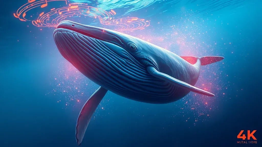 Una ballena jorobada nadando en aguas profundas rodeada de ondas sonoras visuales que representan su canto complejo.