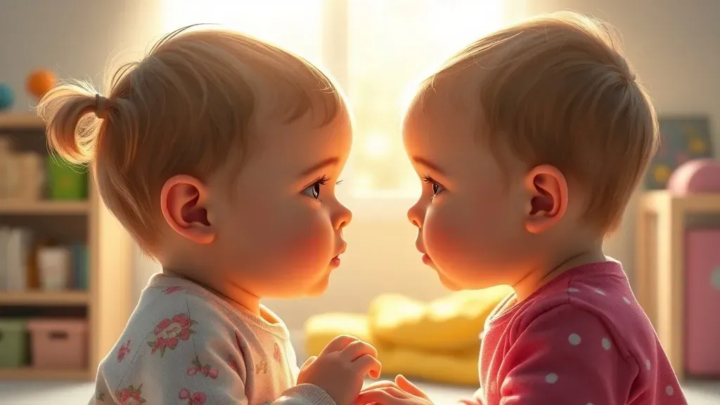 Dos bebés gemelos mirándose fijamente mientras susurran en una habitación iluminada por el sol, representando la conexión secreta de la criptofasia.