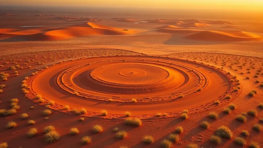 Vista aerea de los circulos de hadas en el desierto de Namibia, mostrando patrones geometricos naturales de tierra desnuda rodeada de vegetacion.