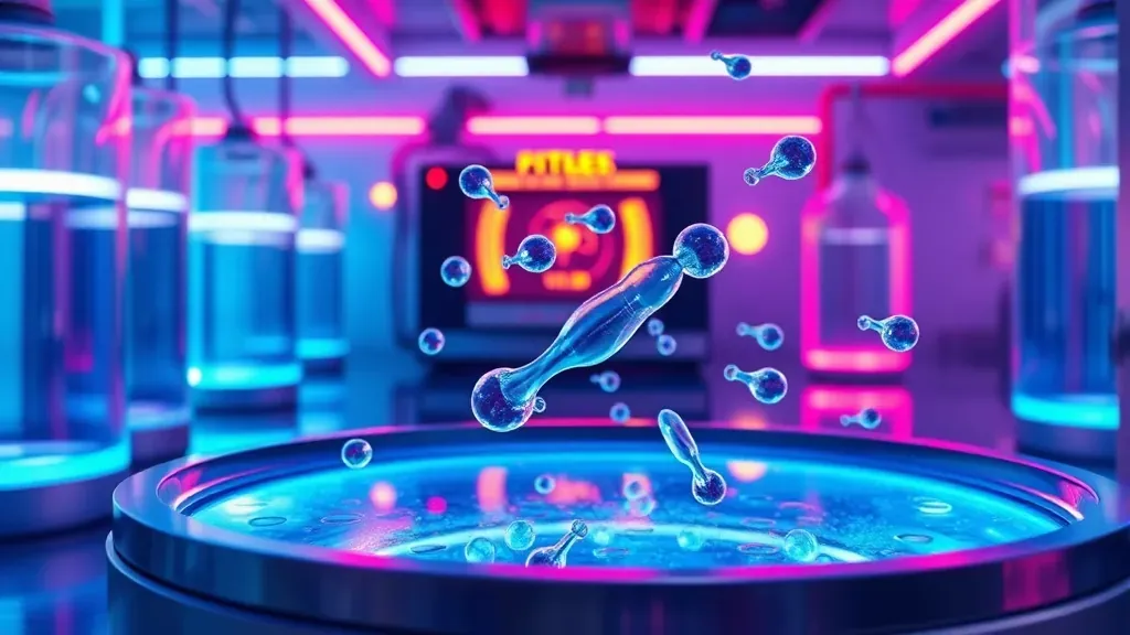 Tanques criogénicos de alta tecnología en un laboratorio con representaciones visuales de células en un entorno futurista azul.