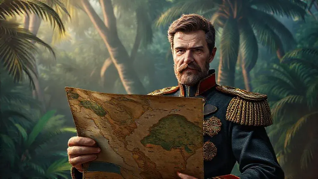 Retrato al estilo pintura al óleo del siglo XIX de Gregor MacGregor, el estafador que inventó el país de Poyais, rodeado de elementos coloniales y un mapa falso.