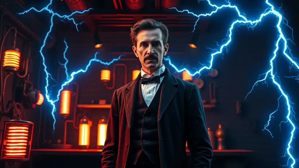 Retrato artístico y cinematográfico de Nikola Tesla rodeado de bobinas eléctricas y rayos azules en su laboratorio.
