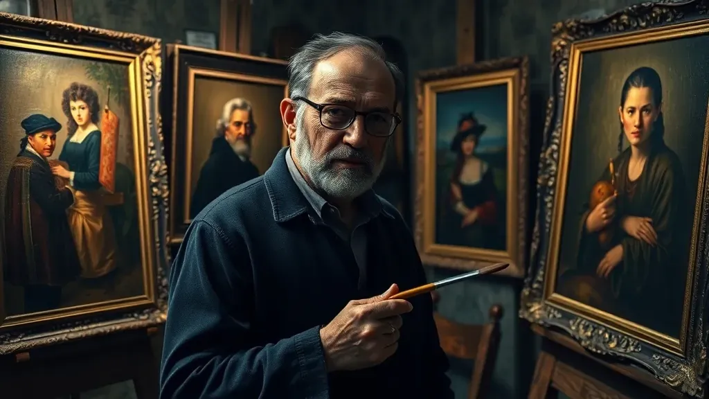 Retrato dramático de Han van Meegeren en su estudio rodeado de pinturas falsas que parecen obras maestras antiguas del siglo XVII.