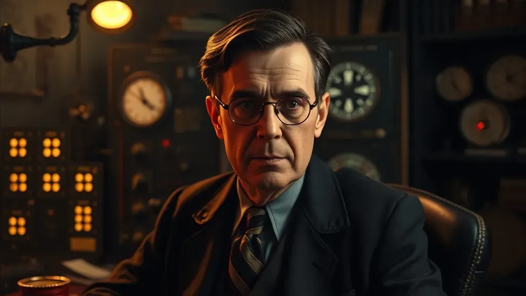 Retrato cinematográfico de Alan Turing en una oficina de criptografía de 1940, con piezas de la máquina Enigma y atmósfera misteriosa.