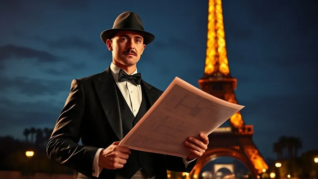 Victor Lustig posando frente a la Torre Eiffel en los años 20, luciendo un traje elegante y una expresión astuta.