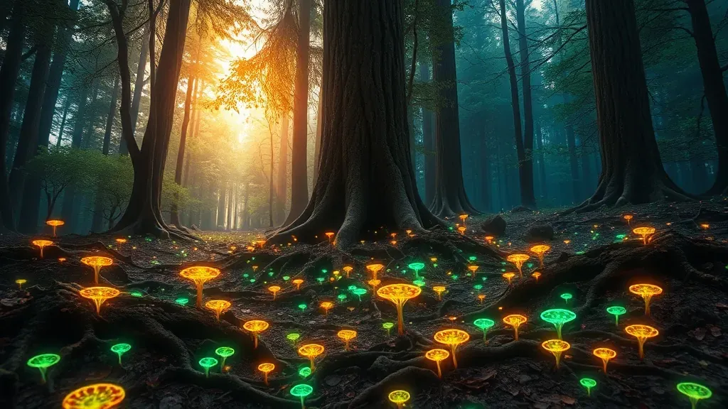 Representación artística de las raíces de los árboles conectadas por hilos luminosos que simulan una red de datos bajo la tierra del bosque.