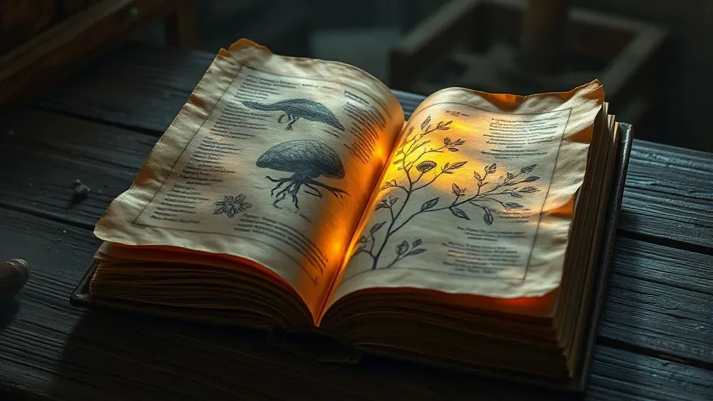 Libro antiguo abierto con ilustraciones alienígenas sobre una mesa de madera, representando el Manuscrito Voynich.