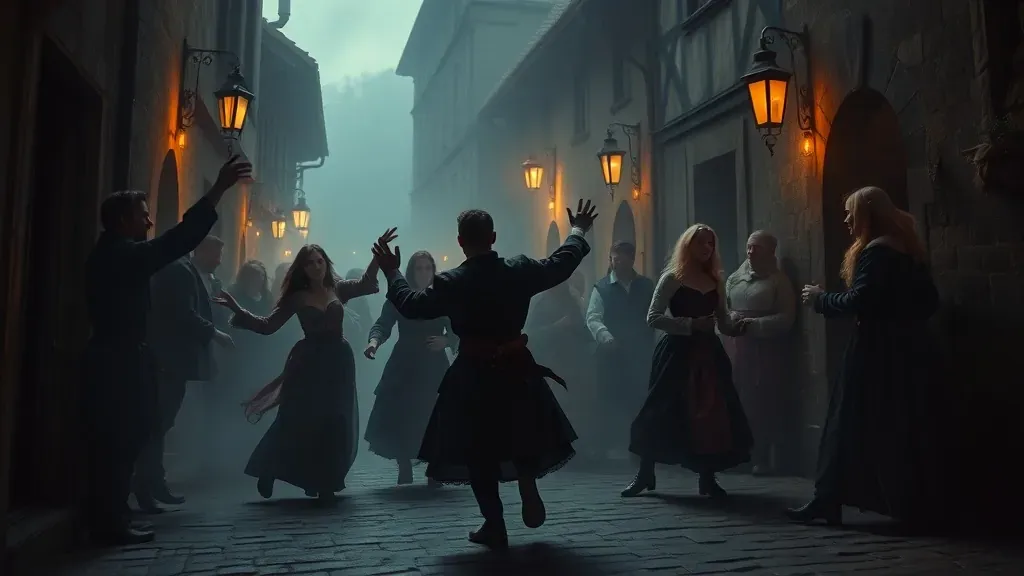 Ilustración histórica que muestra a un grupo de personas en la época medieval bailando frenéticamente en una calle empedrada, rodeadas de una atmósfera de misterio y niebla.