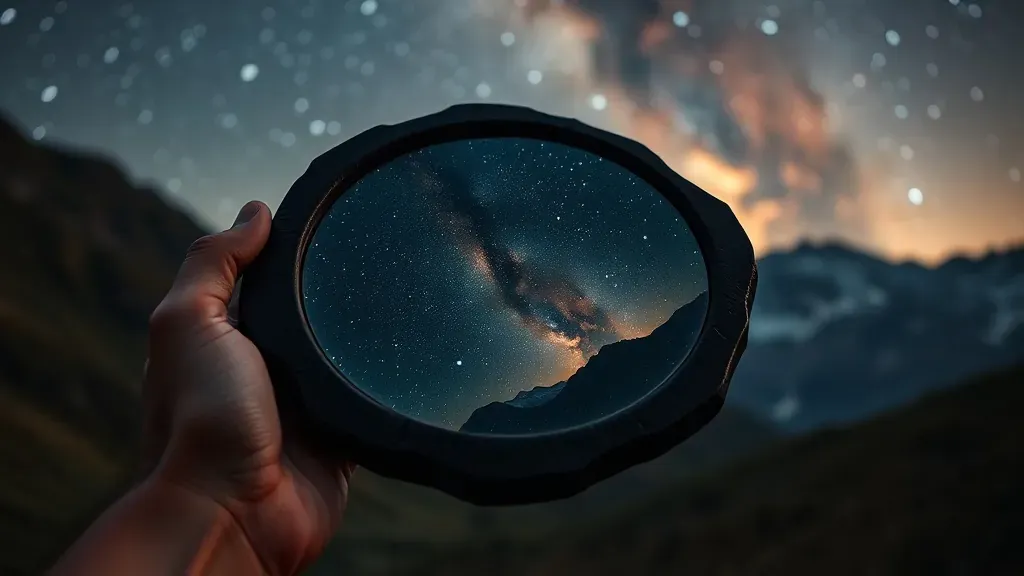 Espejo inca de piedra negra brillante sostenido por una mano frente a un cielo estrellado andino, representando la tecnología ancestral.