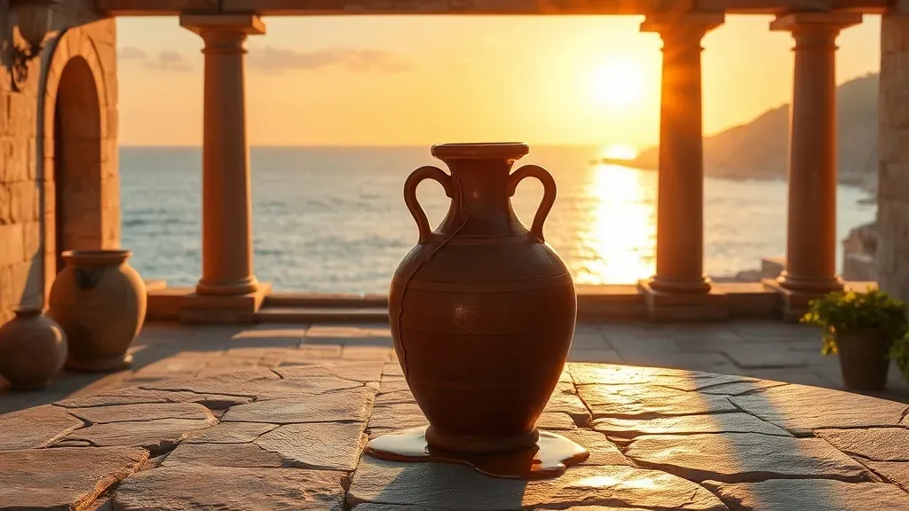 Una ánfora romana antigua de cerámica sobre una mesa de piedra bajo el sol del Mediterráneo, evocando la histórica producción de garum.