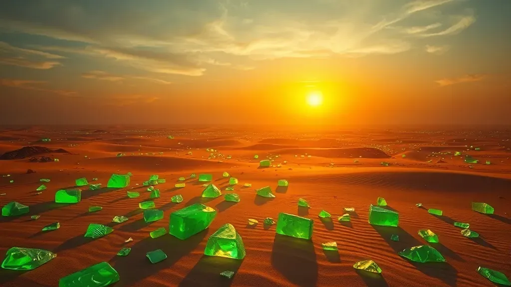 Fragmentos de vidrio verde brillante esparcidos en la arena del desierto bajo el sol del atardecer, representando la ciudad de cristal.