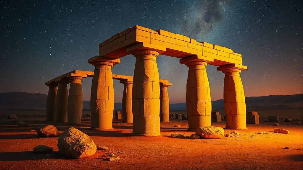 Pilares de piedra en forma de T en el sitio arqueológico de Göbekli Tepe bajo un cielo estrellado durante la noche.