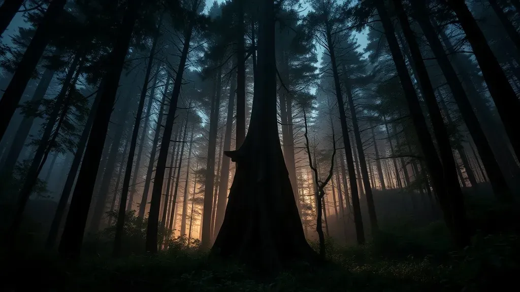 Un bosque denso y brumoso en Vermont durante el atardecer, donde los árboles forman un triángulo natural, evocando una atmósfera de misterio y desapariciones.