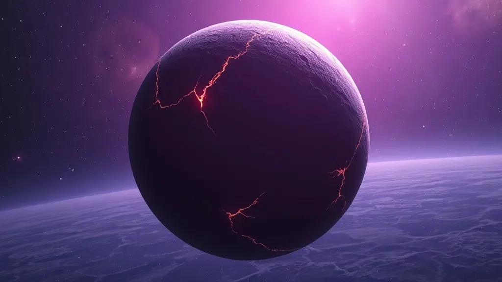 Un planeta gigante de color púrpura oscuro flota en la inmensidad del espacio profundo sin ninguna estrella cerca, con grietas brillantes en su superficie helada.