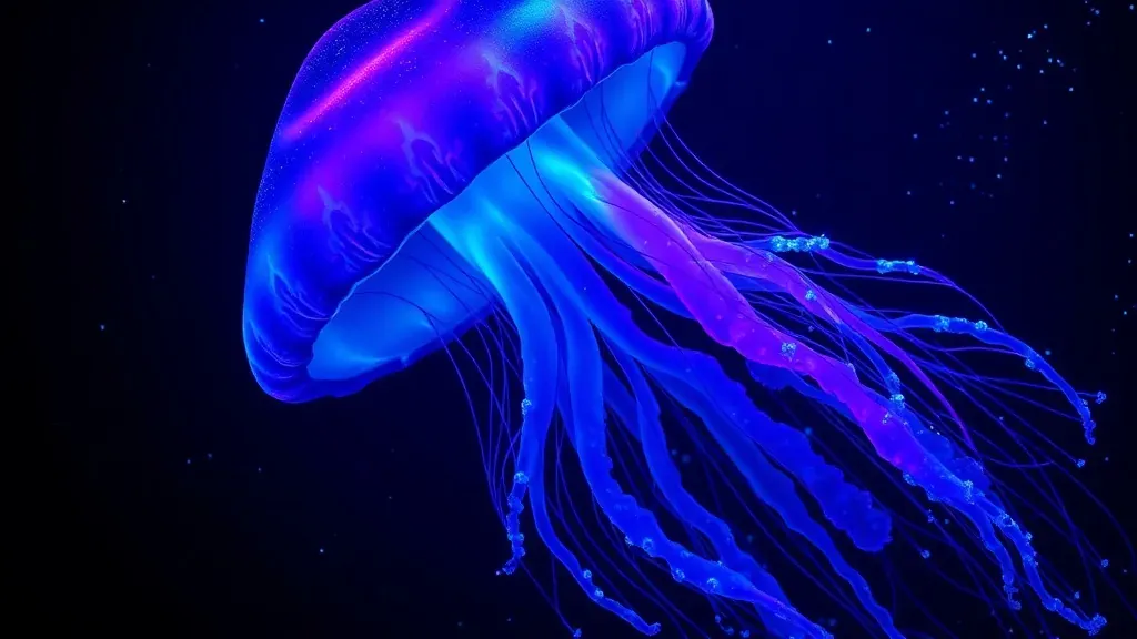 Una medusa gigante bioluminiscente brillando con tonos azules y púrpuras en las profundidades oscuras del océano.