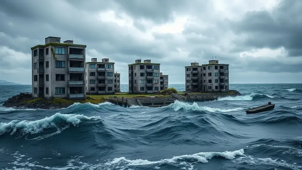 Vista panorámica de la isla de Hashima en Japón, mostrando los edificios de apartamentos de hormigón en ruinas y abandonados rodeados por el océano.