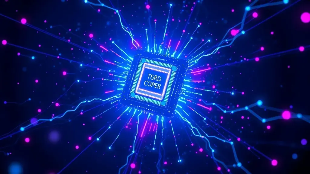 Procesador de computadora cuántica con luces de neón azules y púrpuras, representando la complejidad de la tecnología cuántica.