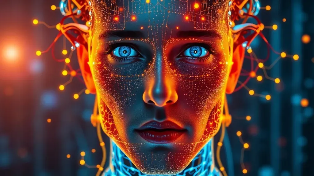 Retrato surrealista de un rostro humano fusionándose con circuitos neuronales digitales brillantes, simbolizando la unión entre la tecnología y la mente humana.