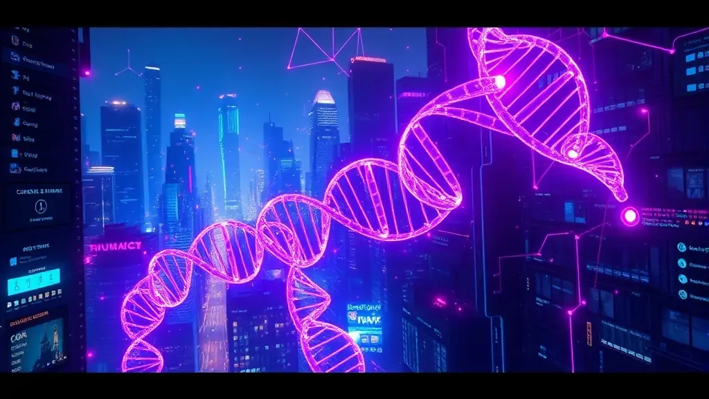 Representación artística futurista de una red neuronal digital fusionándose con el ADN humano en un entorno cibernético.