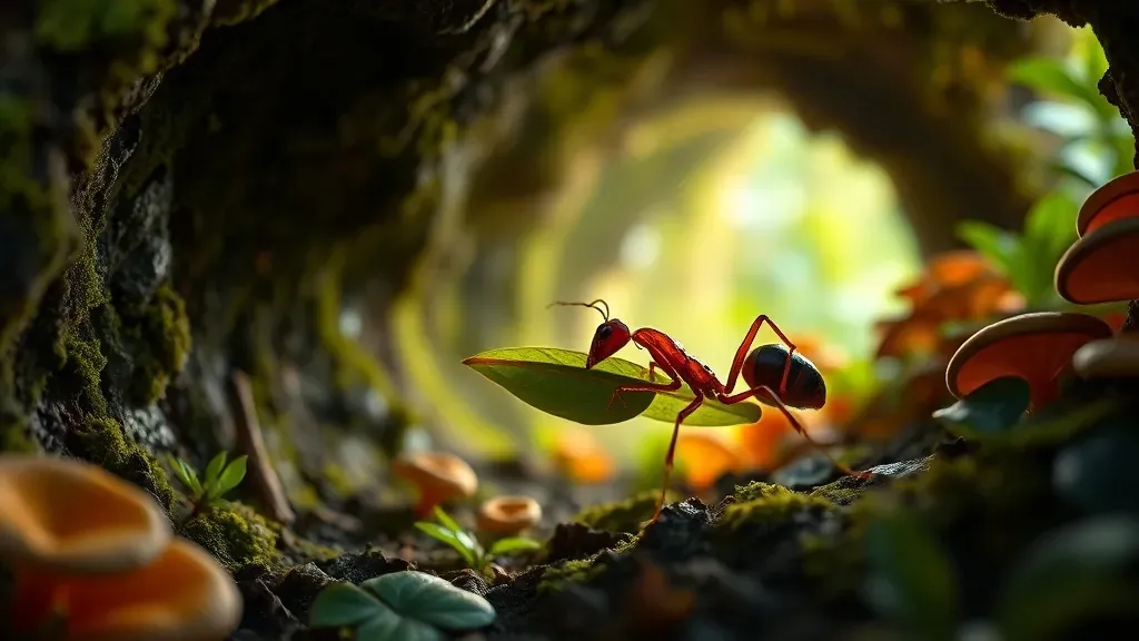 Una hormiga cortadora de hojas transportando un trozo de hoja en un túnel subterráneo rodeada de un jardín de hongos, fotografía macro con iluminación detallada.