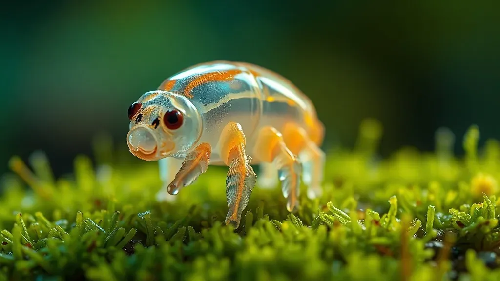 Tardígrado microscópico caminando sobre fibras de musgo, imagen de alta definición que muestra su estructura anatómica y ocho patas características.