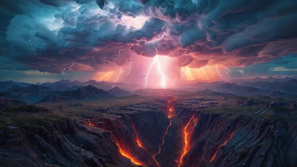 Imagen cinematográfica de una supercelda masiva sobre montañas con grietas dramáticas abriéndose en la tierra debido a la tormenta.