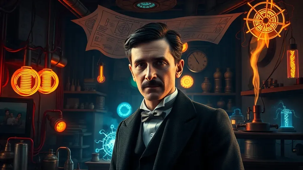 Retrato cinemático de Nikola Tesla en un laboratorio antiguo rodeado de bobinas eléctricas y chispas de luz, estilo artístico dramático.