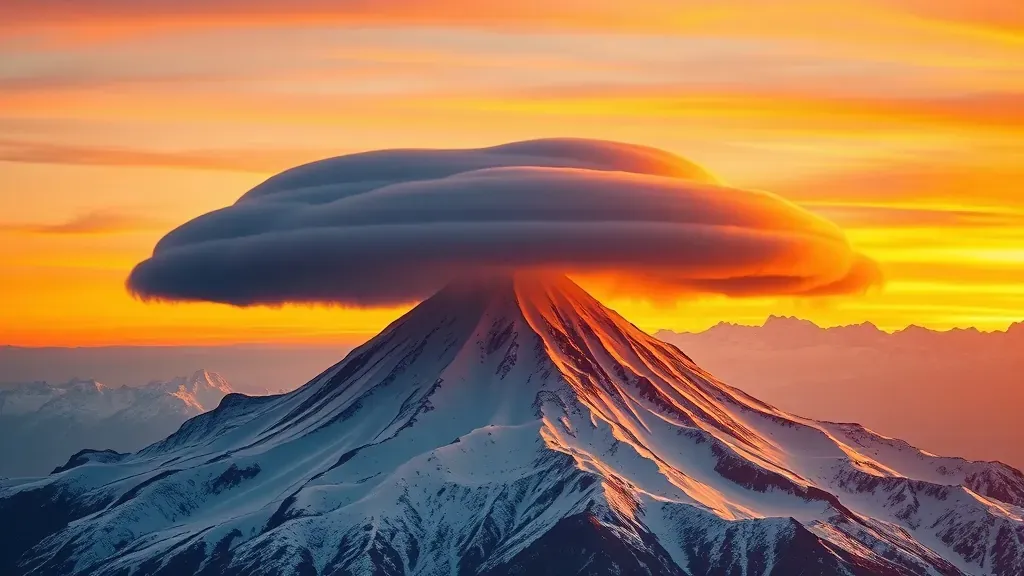 Una imponente nube lenticular con forma de disco brillante situada sobre una cumbre montañosa nevada durante el atardecer, mostrando colores vibrantes en el cielo.