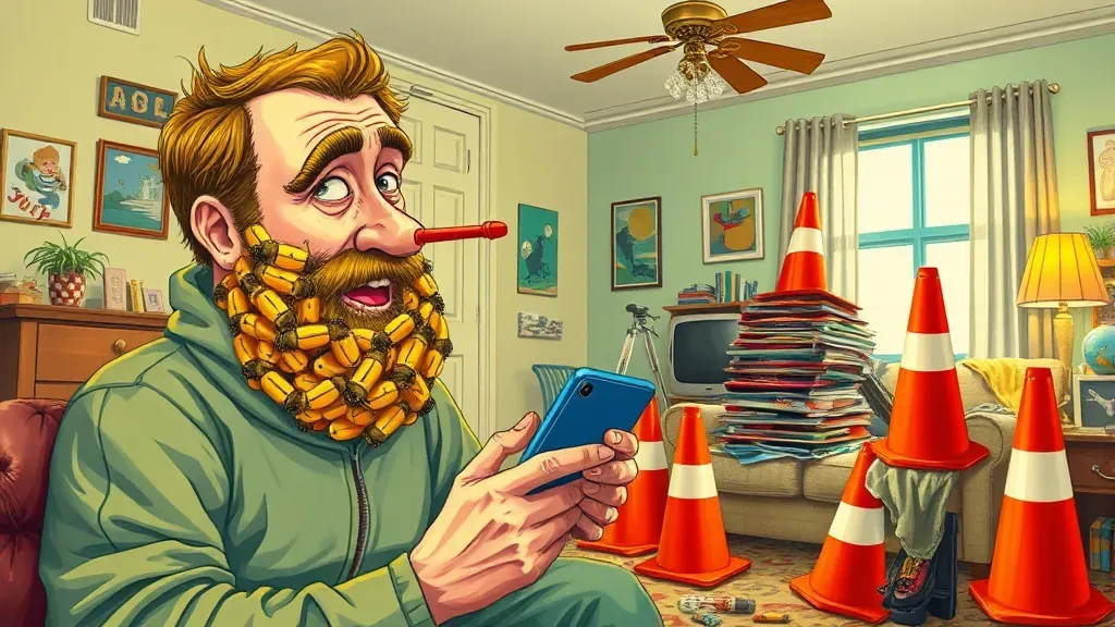 Un collage surrealista y colorido que muestra a personas realizando récords mundiales absurdos como tener una barba de abejas y escribir con la nariz.