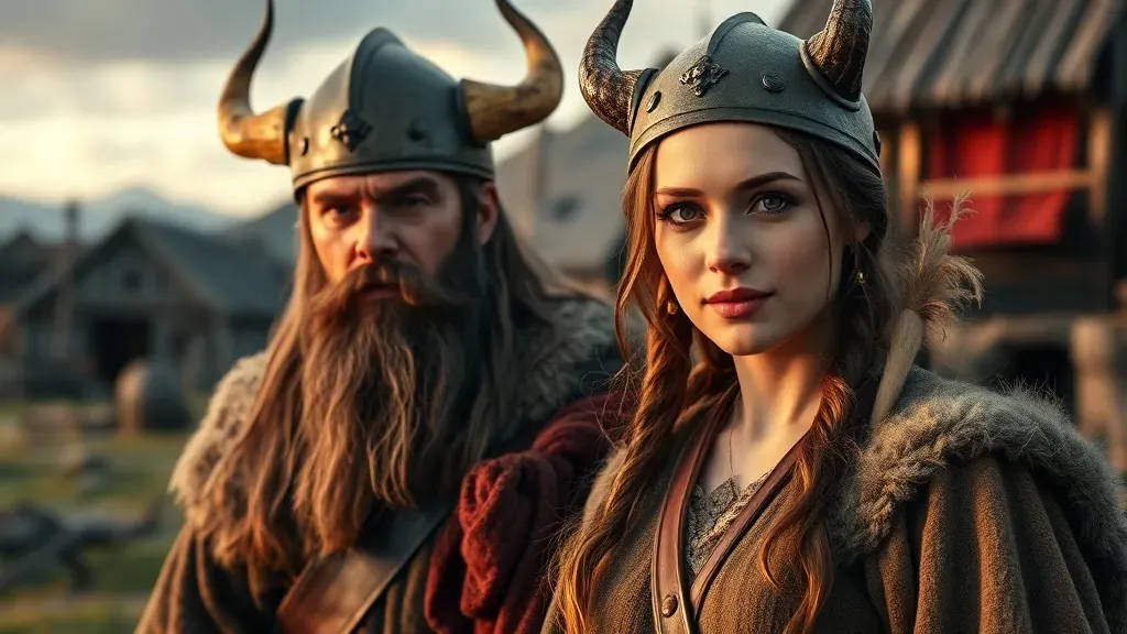 Recreación histórica realista de una pareja vikinga con ropa auténtica de la época, sin cascos con cuernos, en un entorno nórdico.