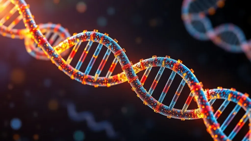 Visualización artística de una doble hélice de ADN con destellos de luz que representan virus integrados en el código genético.