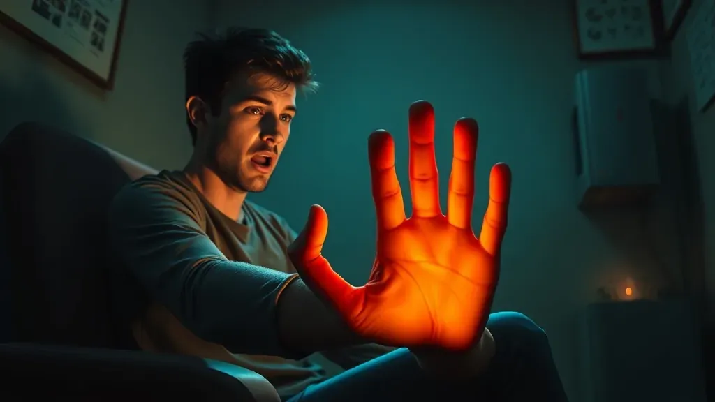 Representación artística de una persona observando con asombro cómo su mano se mueve de forma independiente, estilo cinematográfico y misterioso.