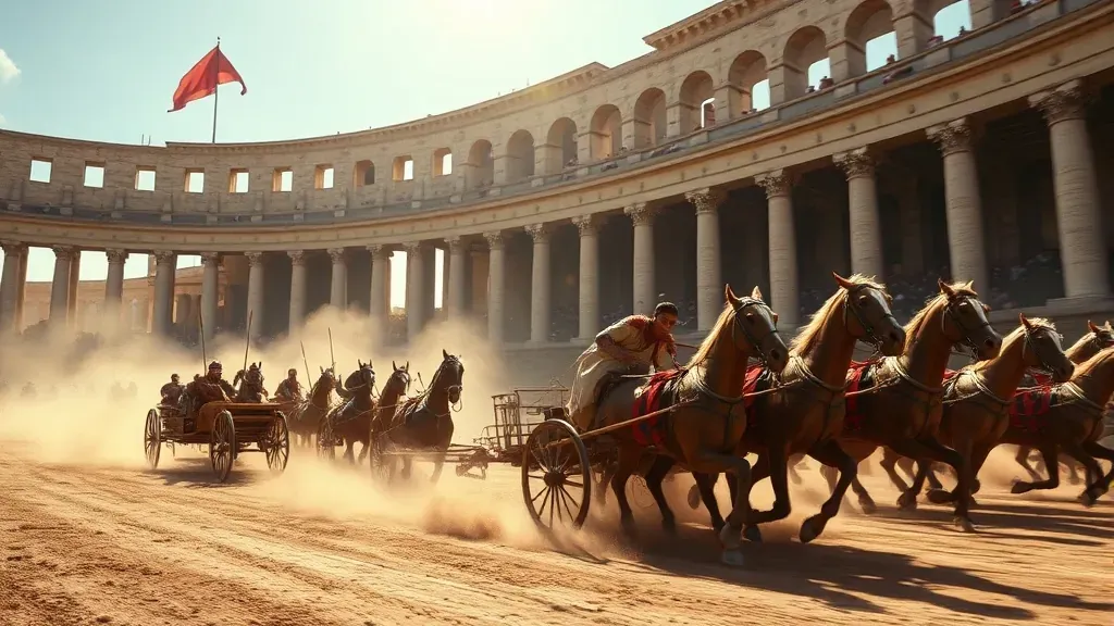 Una recreación cinematográfica de una carrera de cuadrigas en el Circo Máximo de Roma, mostrando caballos al galope y carros en medio de una nube de polvo.