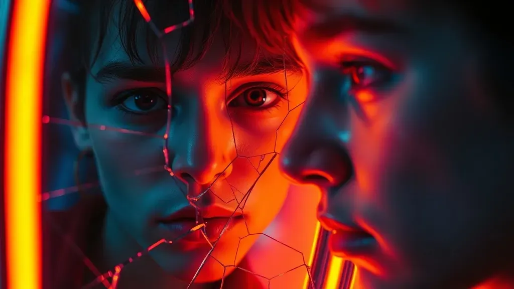 Una persona joven mirando un espejo agrietado donde su reflejo se muestra sutilmente diferente, con un estilo artístico y cinematográfico.