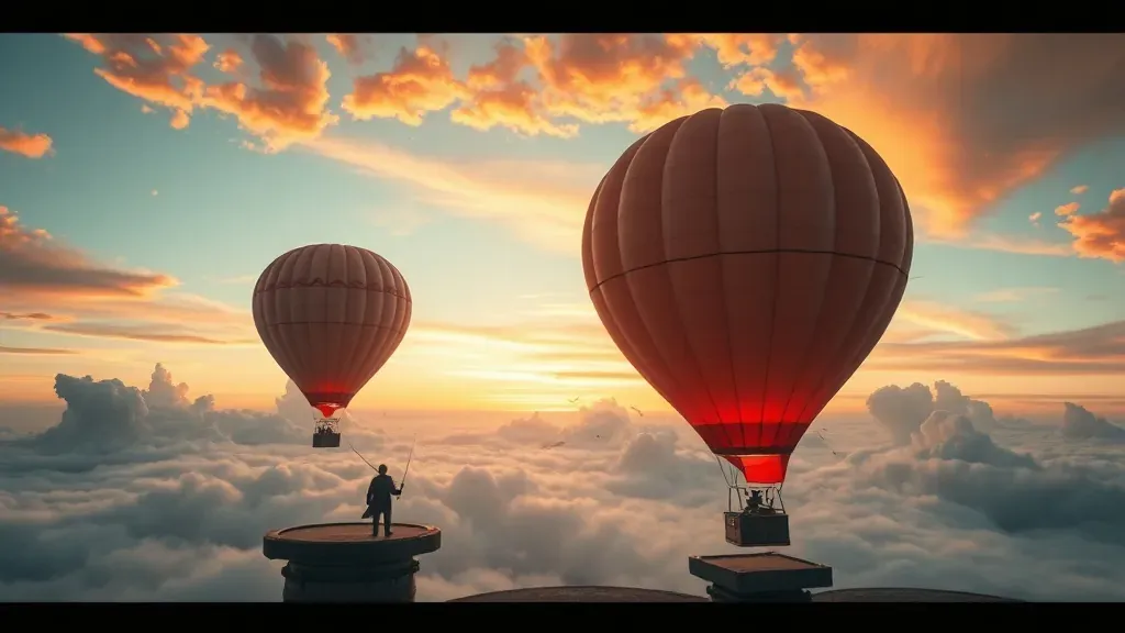 Dos globos aerostáticos de alta tecnología compitiendo en el cielo al atardecer, con gladiadores en plataformas, estilo cinematográfico y futurista.